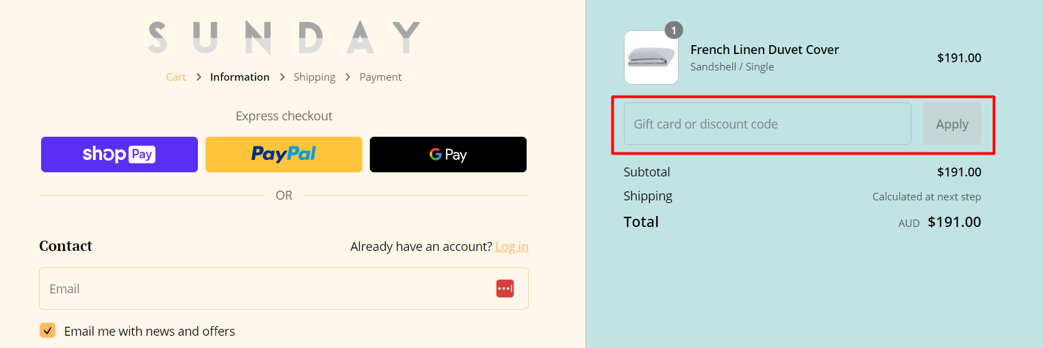 How do I use my Sunday Bedding discount code?