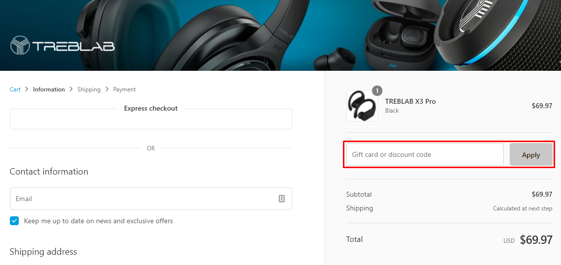 How do I use my TREBLAB discount code?
