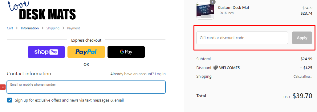 How do I use my LoveDeskMats discount code?