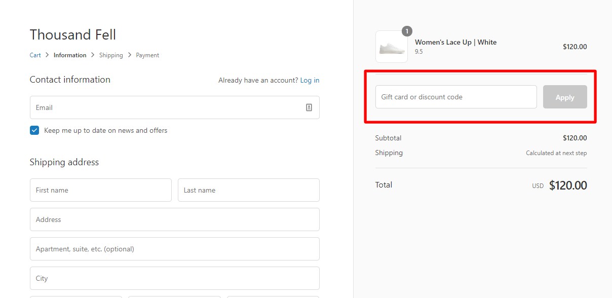 How do I use my THOUSAND FELL discount code?