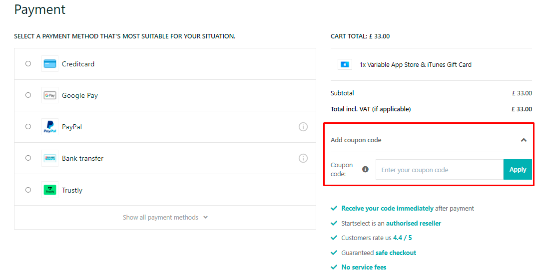How do I use my Startselect coupon code?