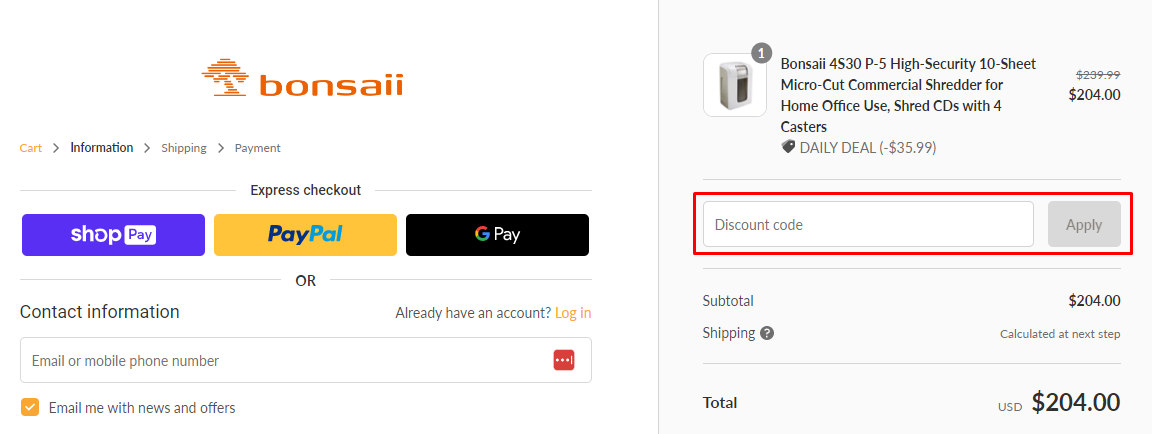 How do I use my Bonsaii discount code?