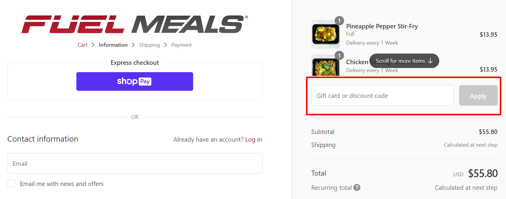 How do I use my Fuel Meals discount code?