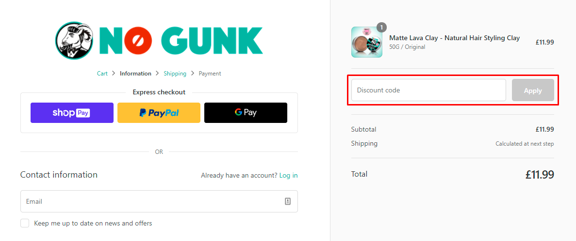 How do I use my NO GUNK discount code?