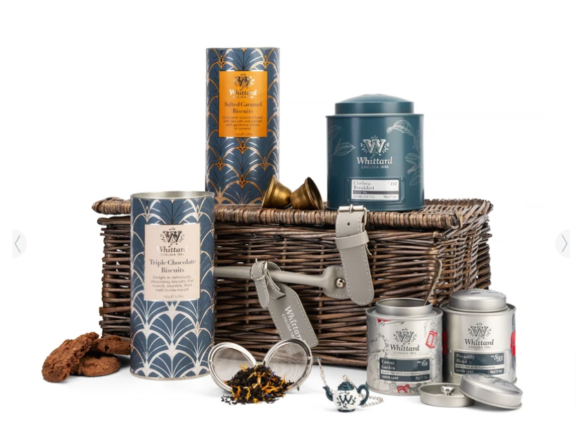 The Tea Explorer Hamper from Whittard of Chelsea featuring triple chocolate biscuits, salted caramel biscuits and a selection of their best teas.