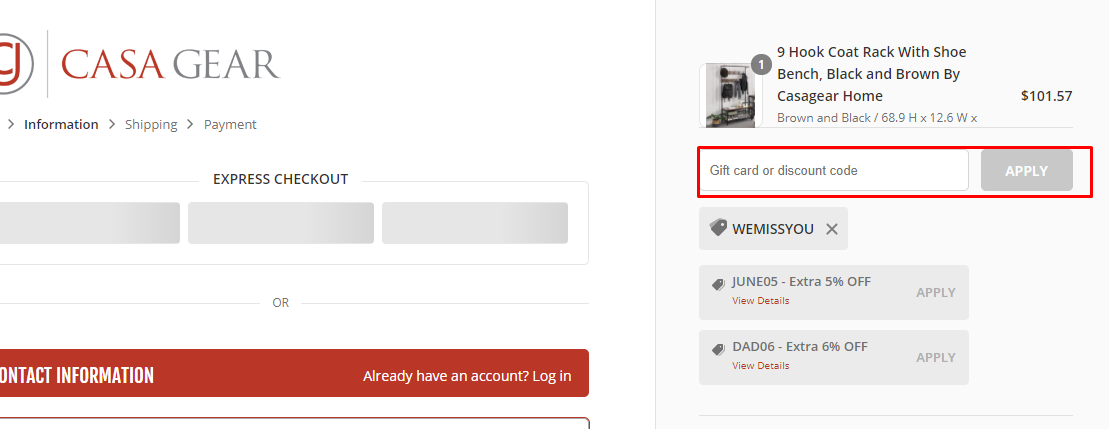 How do I use my Casagear disount code?