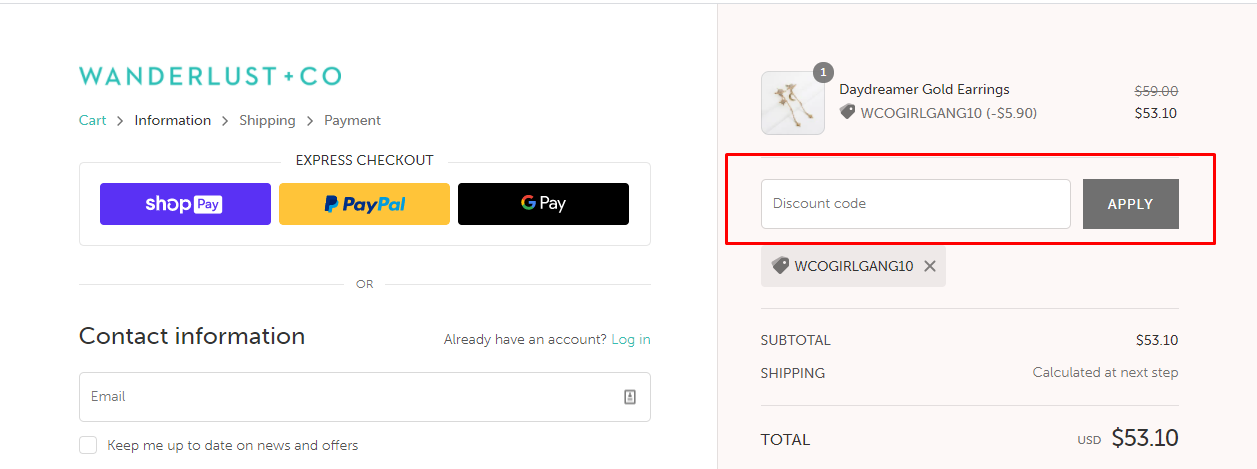 How do I use my Wanderlustandco Discount code?