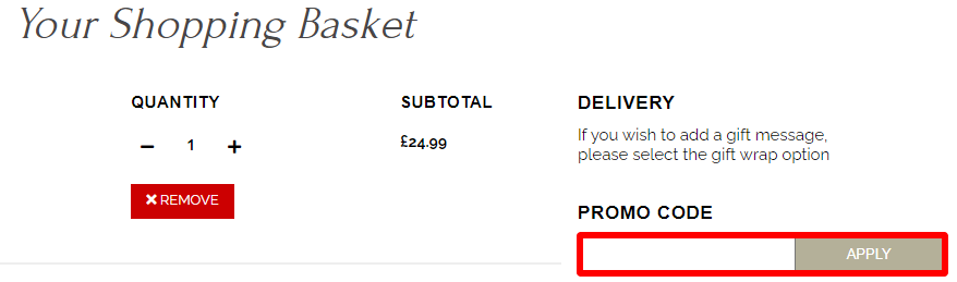Harkness Roses discount code box marked in red where customers put their code for it to be redeemed