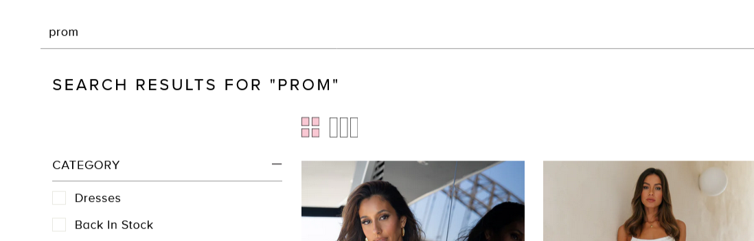 “Promo” search results are written below the web page headings and a selection of dresses found in relation to the prom shown.