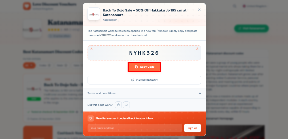 A pop-up displaying a Katanamart voucher code and its terms and conditions
