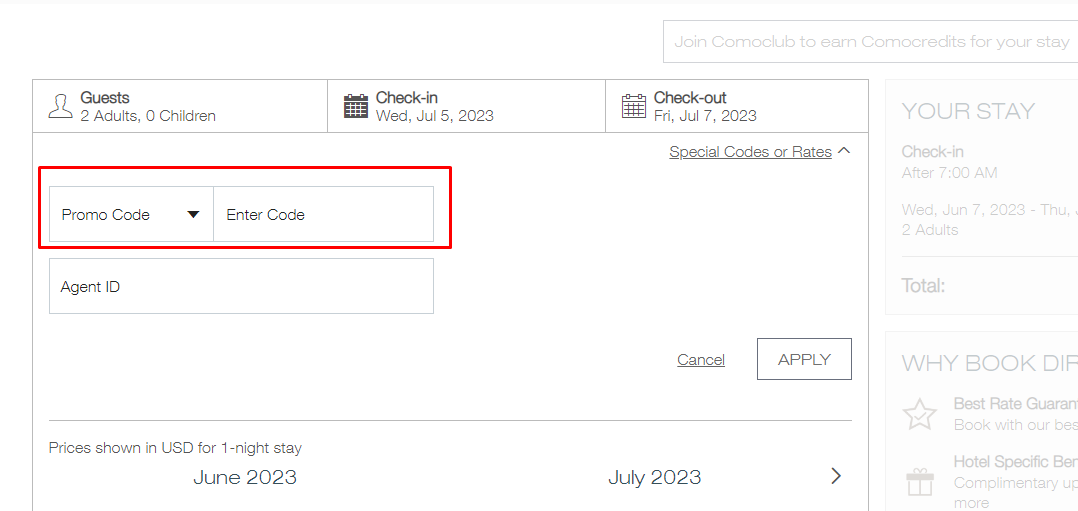 How do I use my Como Hotels and Resorts promo code?