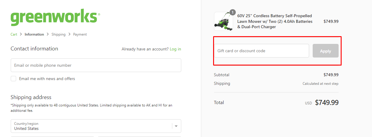 How do I use my Greenworks discount code?
