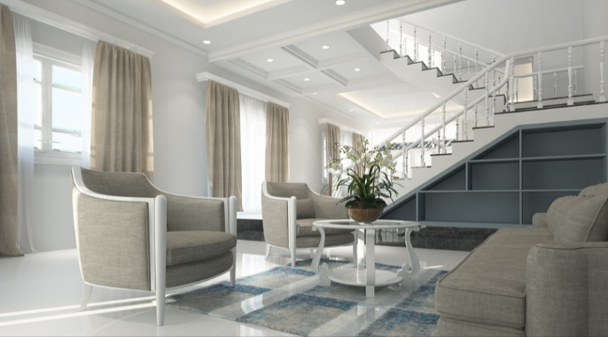 Open room space with couches and a table and stairs