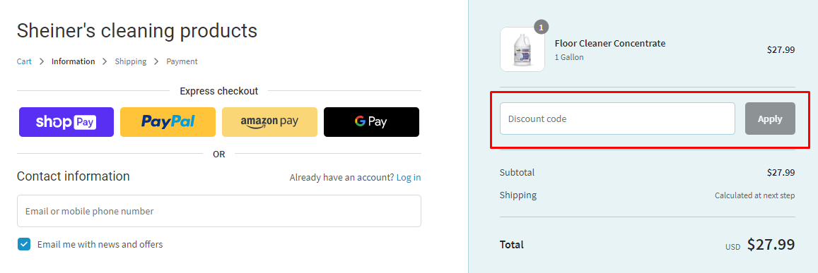 How do I use my Sheiner's Cleaning Products discount code?