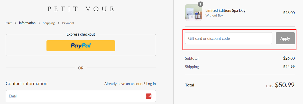 How do I use my Petit Vour discount code?