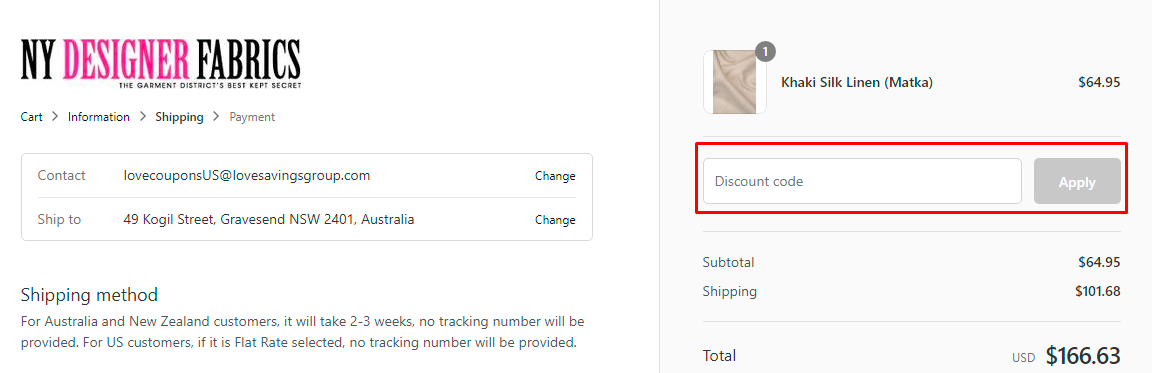 How do I use my NY Designer Fabrics discount code?