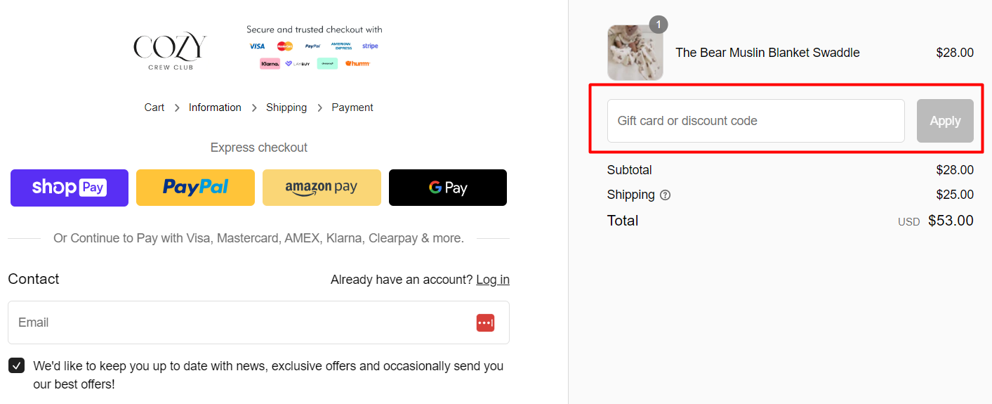 How do I use my Cozy Crew Club discount code?