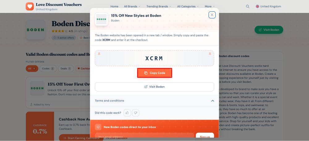 The Love Discount Vouchers page shows discount codes to use on your purchase