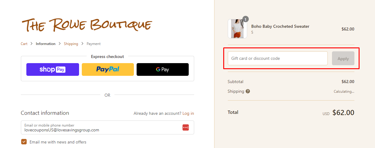 How do I use my The Rowe Boutique discount code?