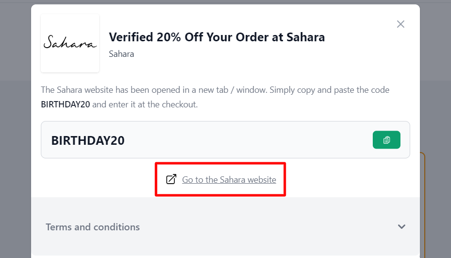 Box displayed on a darkened background of a Sahara discount code with the terms and conditions showing