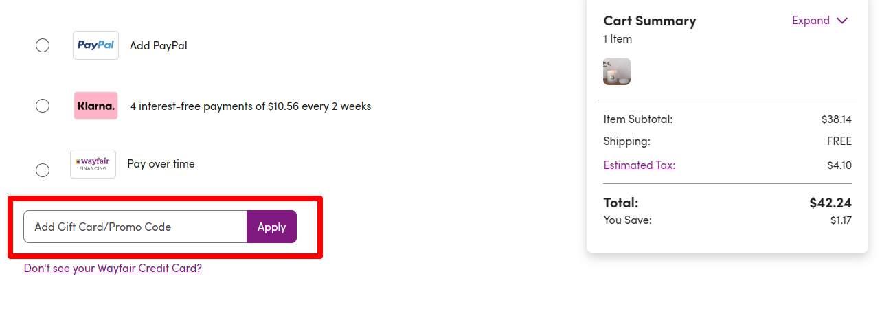 Checkout page with all the prices and the Wayfair promo code in a red box