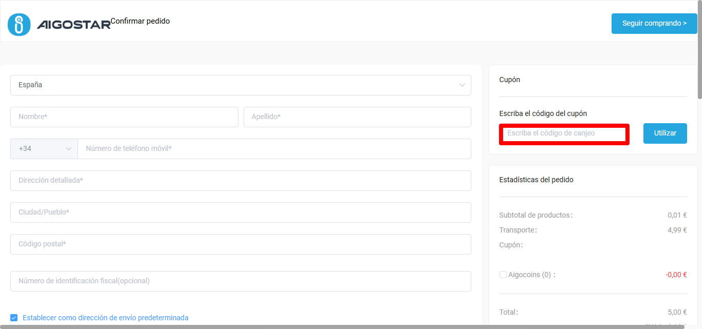 cuadro rojo para insertar el código de la marca