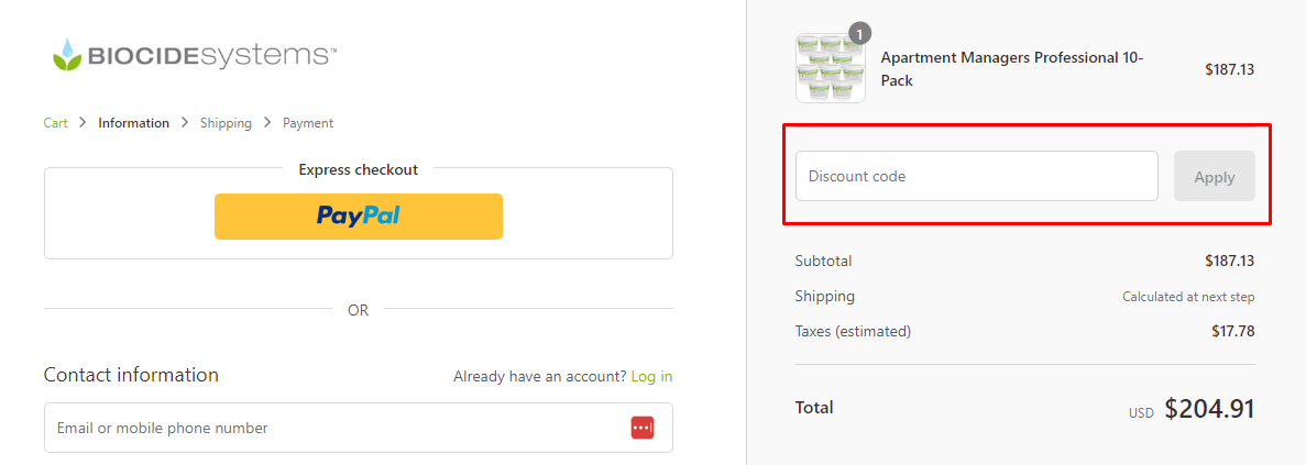 How do I use my Biocide Systems discount code?