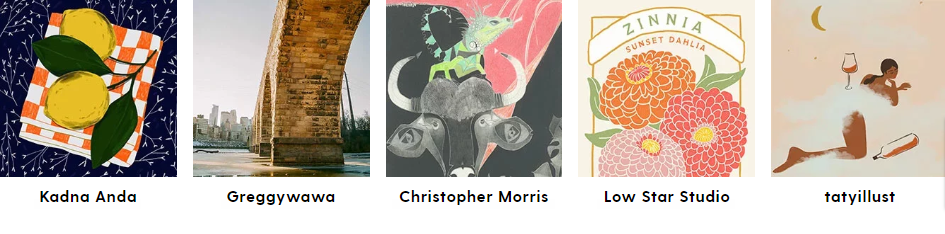 A collage showing art works depicting lemons, a bridge, a buffalo, flowers and a mermaid with a glass of wine