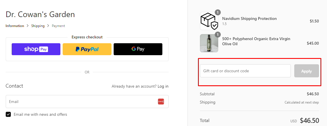 How do I use my Dr. Cowan's Garden discount code?