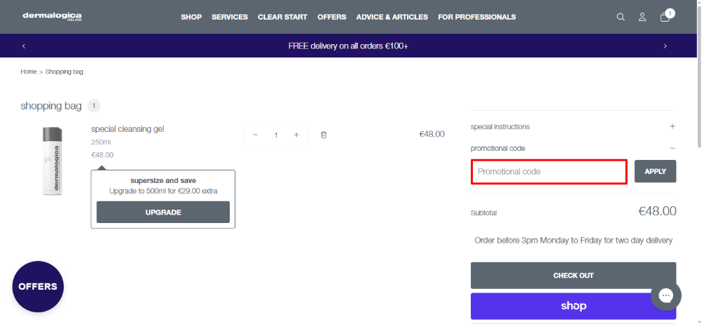 The shopping bag opened up where you can apply your Dermalogica discount code
