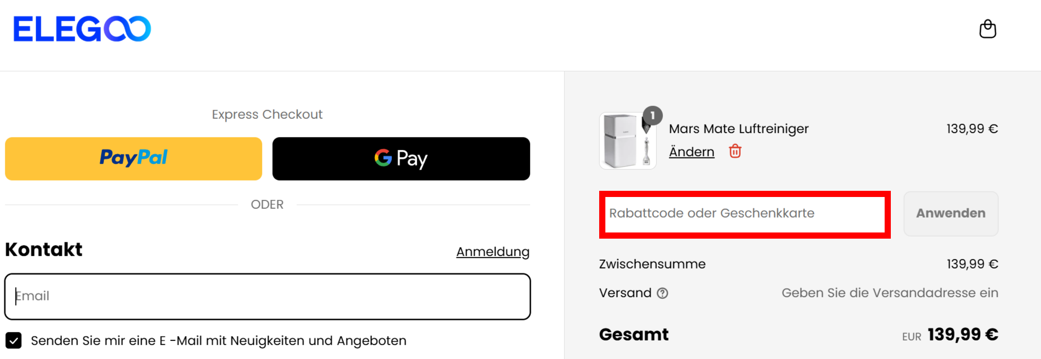 Der Bestellverlauf von ELEGOO mit einem rotmarkiertem Eingabfeld