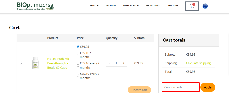 Bioptimizers promo code box highlighted by a red box