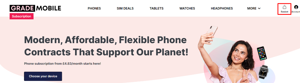 The Grade Mobile homepage and different categories to explore on their page