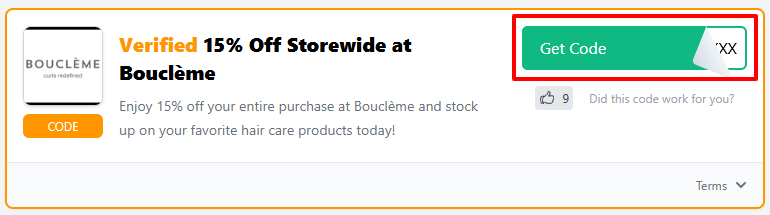 A Bouclème voucher code with "Get Code" in a red box.