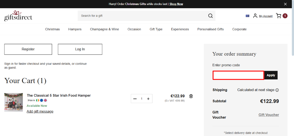 Gifts Direct's shopping cart where you apply your Gifts Direct discount code to the order