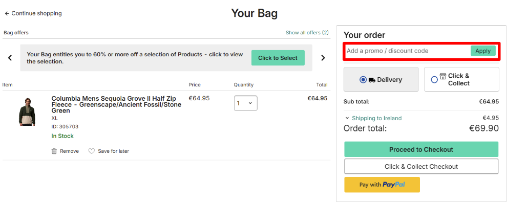 Apply your code to get a discount when you pay your total price