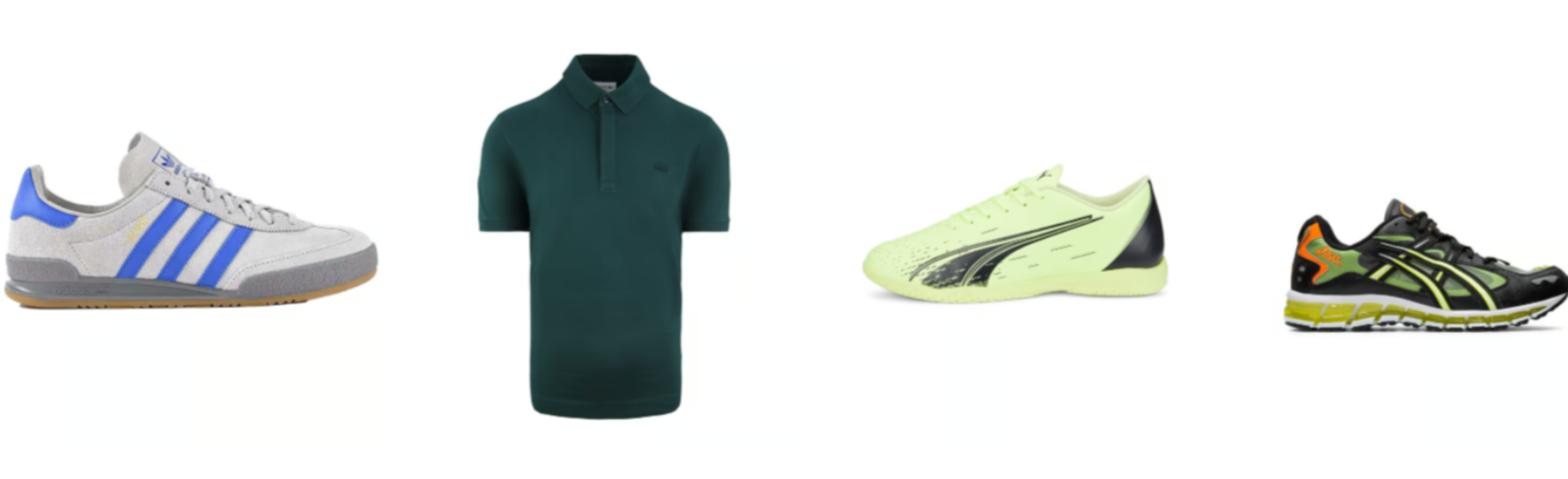 Drei verschiedene Schuhe und ein Polo-Shirt von Dress-for-Less auf leerem Hintergrund