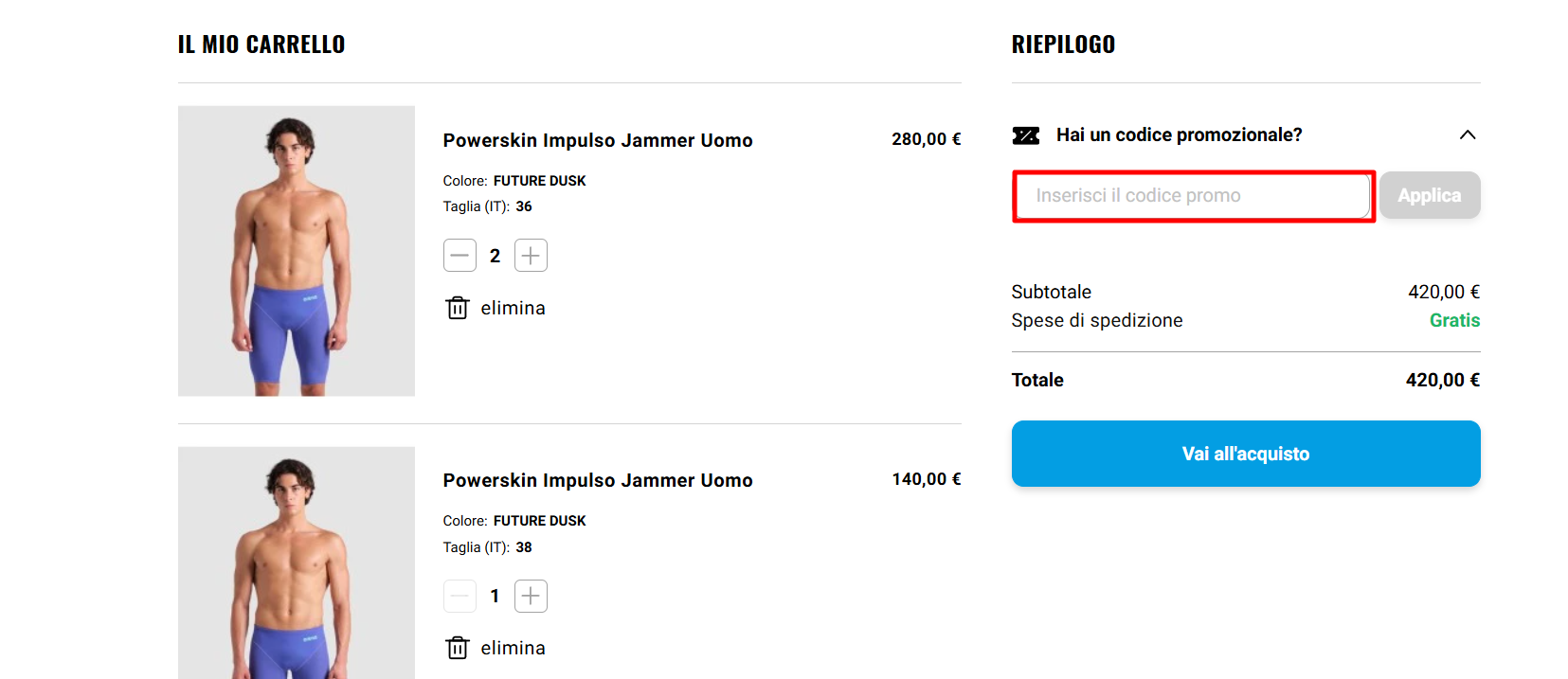 carrello virtuale del sito ufficiale arena dove poter inserire il codice sconto arena nell'apposito spazio