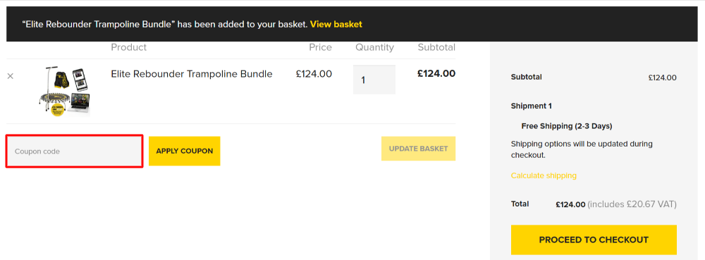 The Boogie Bounce shopping basket page with where to paste the Boogie Bounce voucher code in a red box