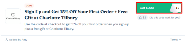 A box will show the Charlotte Tilbury discount code to use on your purchase