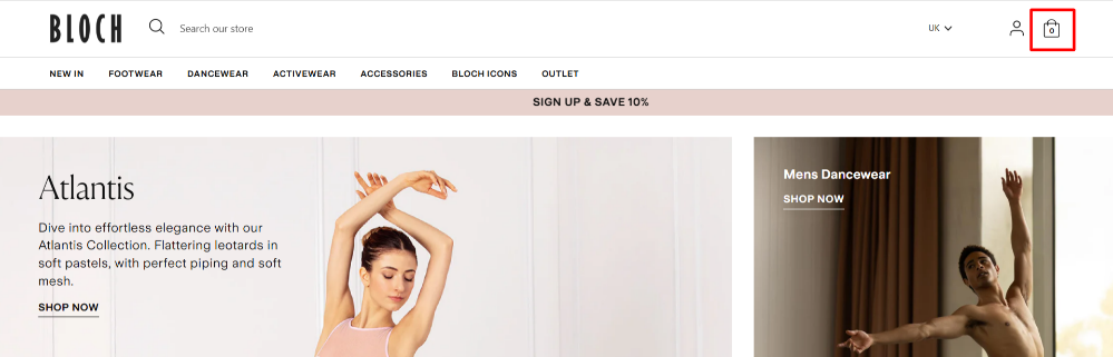 The Bloch website and the shopping categories, with the shopping bag highlighted with a red box