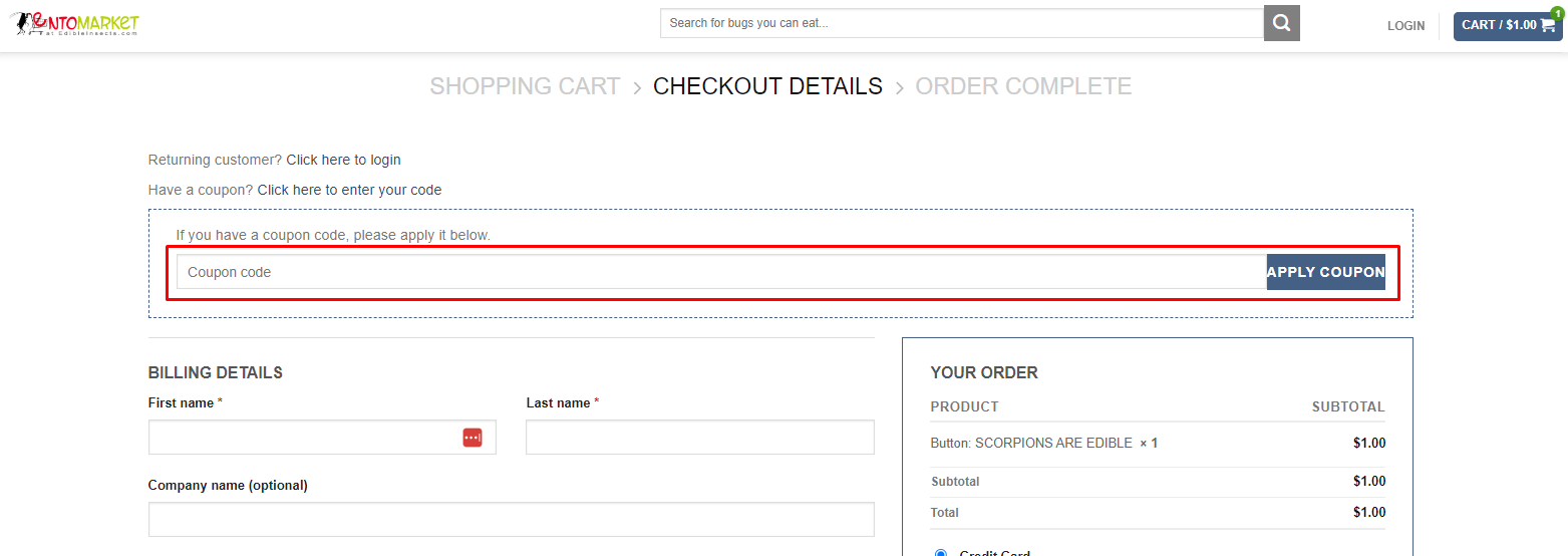 How do I use my EntoMarket coupon code?