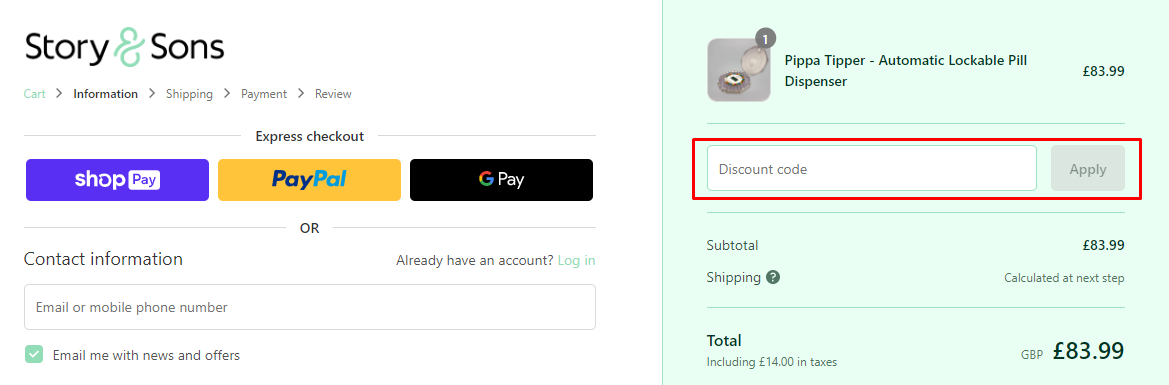 How do I use my Story and Sons discount code?