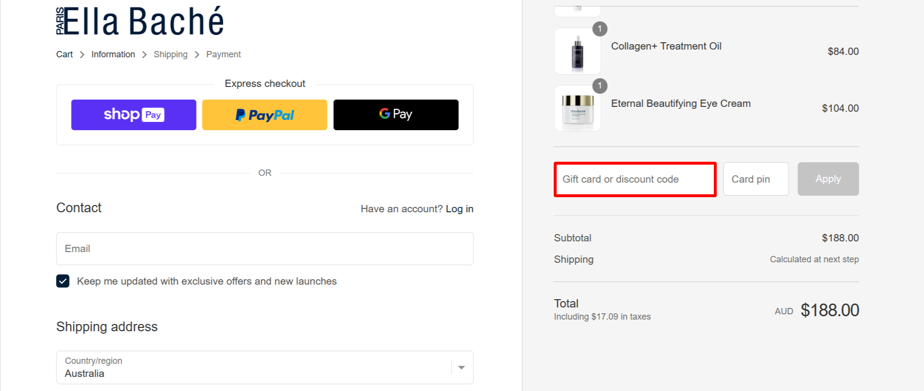 The brand checkout page with where to add the Ella Baché discount code highlighted with a red box