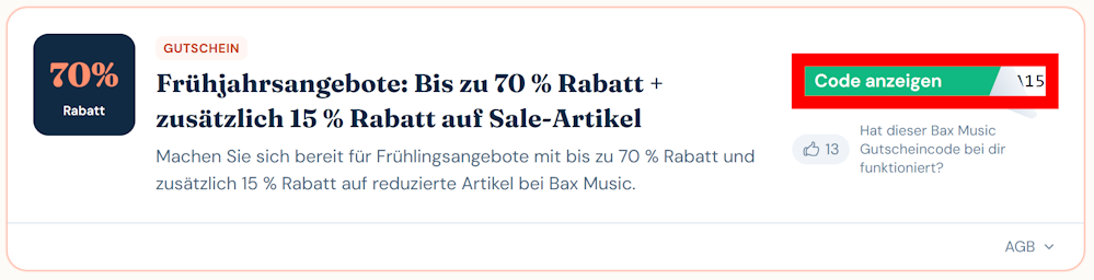 Angaben zu einem Gutscheincode for Bax Music mit rotmarkiertem grünen Button