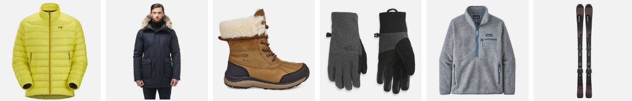 Different types of clothing and equipment that can be found at brand that might interest you