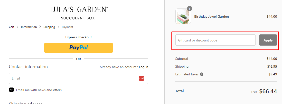 How do I use my Lula’s Garden discount code?