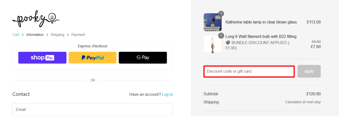The brand checkout page with where to add the Pooky discount code is highlighted with a red box