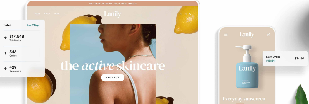 online store with prices, a woman looking to the side, and a few lemons inthe background