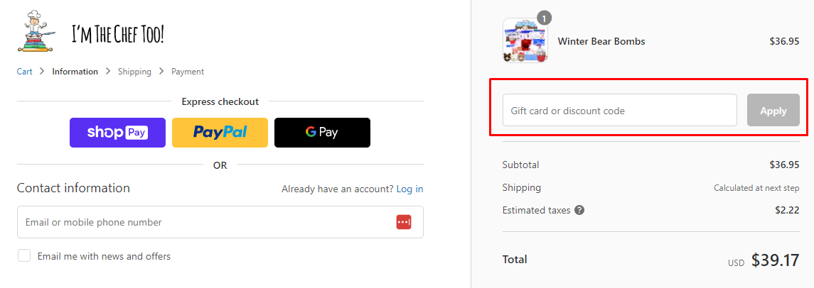 How do I use my I'm The Chef Too discount code?